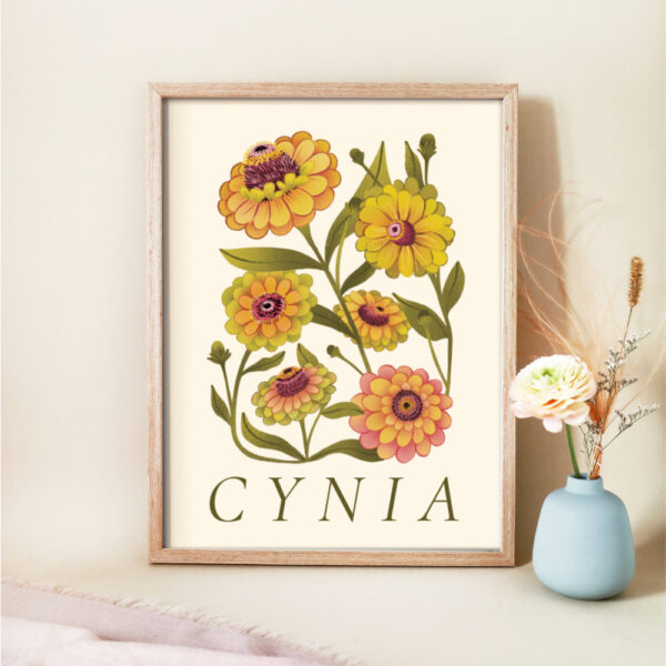 Plakat z autorską ilustracją Cynia Full Bloom